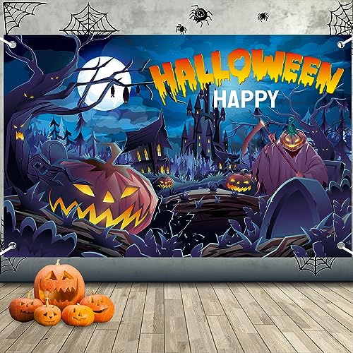 Happy Halloween Banner, Blau Halloween Dekoration Banner, Extra Große Halloween Hängende Banner Dekoration, Halloween Hintergrund Banner Outdoor, Halloween Party Banner für Haus Wand Veranda Deko von TUTUXMA