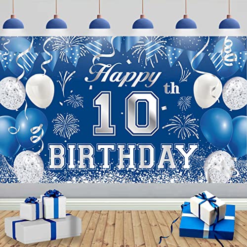 TUTUXMA 10. Geburtstag Dekoration Blau Silber, 185x110cm Große 10. Schild Poster Foto Stand Hintergrund Geburtstagsfeier Banner, Blau und Silber 10th Geburtstagsbanner für Jungen Jubiläum Party Deko von TUTUXMA