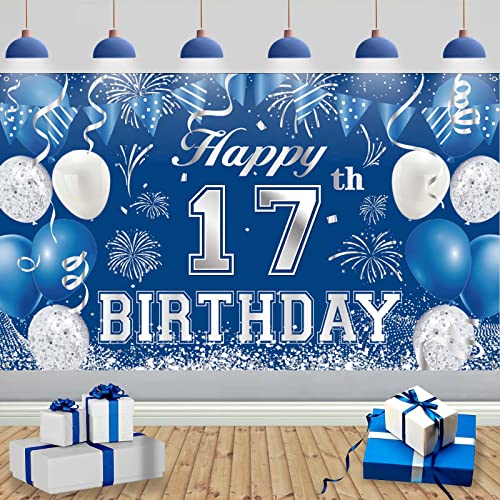 TUTUXMA 17. Geburtstag Dekoration Blau Silber, 185x110cm Große 17. Schild Poster Foto Stand Hintergrund Geburtstagsfeier Banner, Blau und Silber 17th Geburtstagsbanner für Jungen Jubiläum Party Deko von TUTUXMA