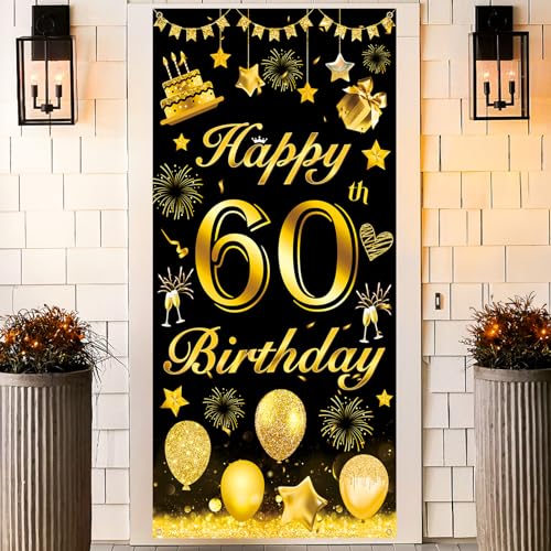 60 Geburtstag Banner, Schwarz Gold 60. Geburtstag Deko für Mann, 60 Jahr Geburtstags Dekoration Banner, Große 60. Geburtstag Tür Banner Hintergrund Poster Schild für 60. Geburtstagsdeko, 185 × 90cm von TUTUXMA