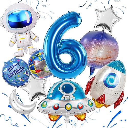 Weltraum Luftballon 6. Kinder Geburtstag Deko Zahl 6 Folienballon Astronaut Raketen Raumschiff Luftballons Silber Stern Mond Ballon Runde Weltraum Luftballons für Weltraum Junge Kindergeburtstag Deko von TUTUXMA