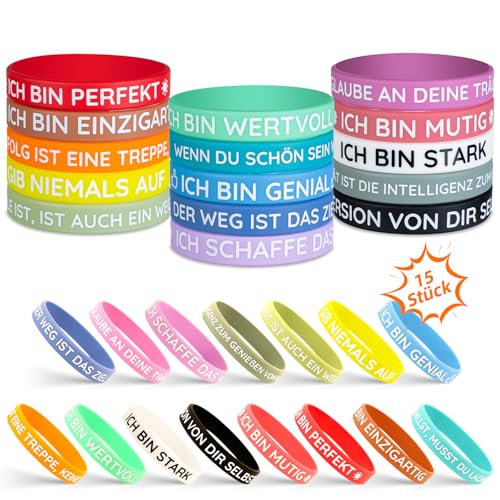 TUZELIYA 15 Stück Motivationsarmbänder auf Deutsch - 20,5 cm Inspirierende Silikon Armbänder mit 15 Stile Positiven Sprüchen - Motivierendes Silikonarmband - Mitgebsel Geschenke für Kinder Kollegen von TUZELIYA