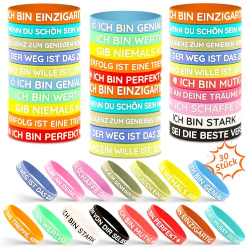 TUZELIYA 30 Stück Motivationsarmbänder auf Deutsch - 20,5 cm Inspirierende Silikon Armbänder mit 15 Stile Positiven Sprüchen - Motivierendes Silikonarmband - Mitgebsel Geschenke für Kinder Kollegen von TUZELIYA