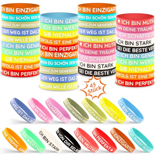 TUZELIYA 45 Stück Motivationsarmbänder auf Deutsch - 20,5 cm Inspirierende Silikon Armbänder mit 15 Stile Positiven Sprüchen - Motivierendes Silikonarmband - Mitgebsel Geschenke für Kinder Kollegen von TUZELIYA