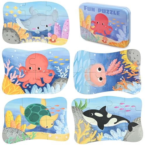 39 Pcs Kinderpuzzle Set, 5 Bilds Ocean Fun Puzzle, Montessori Puzzle mit Aufbewahrungsbox, Montessori Lernspielzeug, Rätsel Erleuchtung Geschenk für Jungen & Mädchen, Holzpuzzle ab 3 4 5 Jahren von TW1TGOFT