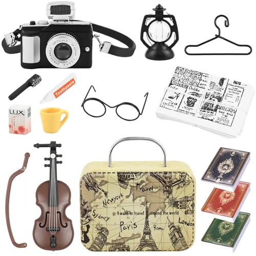 Wichtel Zubehör Set, 14Pcs Miniatur Puppenhaus Deko, Wichtel Starterset, DIY Miniatur Retro Deko mit Mini Reiseetui Zahnpasta, Tasse Kamera Petroleumlampe Cello Buch Brille Zeitung Kleiderbügel Seife von TW1TGOFT