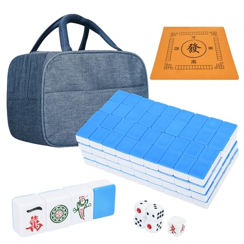 TWBTC Chinesische kleine blaue Mahjong-Sets, 144 + 8 Melamin-Fliesen, 30 mm, mit tragbarer Reisetasche, komplettes Mahjong-Spielset – (Mah Jong, Mahjong, 30 mm) von TWBTC