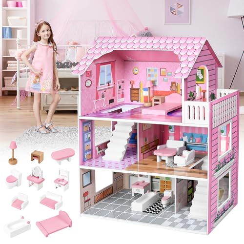 TWOLIIN Puppenhaus Holz Puppenvilla für Kinder 3 Etagen Barbie Haus Dollhouse Spielset mit Möbeln und Zubehör Barbiehauser Spielzeug für Mädchen Kinder ab 3 Jahren - 60x24x70cm von TWOLIIN