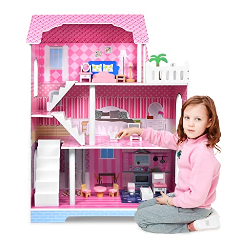 TWOLIIN Puppenhaus Holz Puppenvilla für Kinder 3 Etagen Barbie Haus Dollhouse Spielset mit Möbeln und Zubehör Barbiehauser Spielzeug für Mädchen Kinder ab 3 Jahren -70x30x100cm von TWOLIIN