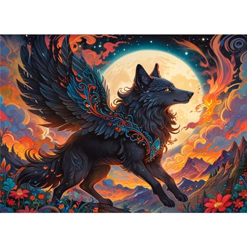 TWYYDP 1000 Teile Puzzle,Schwarzer Wolf Fliegendes Wolfstier Puzzle,Holzpuzzles als DIY-Wanddekoration für Zuhause von TWYYDP