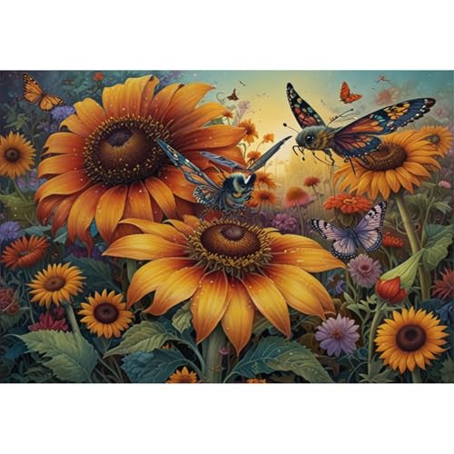 TWYYDP 1000 Teile Puzzle,Sonnenhut Blumen Schmetterlingslandschaft Puzzle,Einzigartige Holzpuzzles von TWYYDP