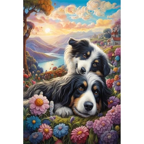 TWYYDP 1000 Teile Puzzle für Erwachsene,Blumen 2 Schäferhunde Landschaft,Holzpuzzle von TWYYDP