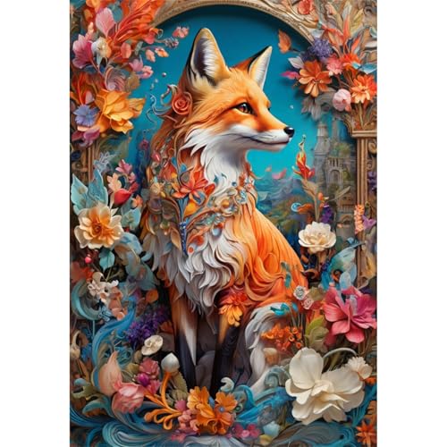 TWYYDP 1000 Teile Puzzle für Erwachsene,Fuchs In Blumen,Holzpuzzle,Gemälde Zum Sammeln von TWYYDP