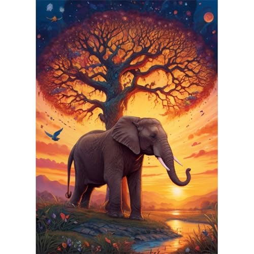 TWYYDP 1000 Teile Puzzle für Erwachsene,Grasland-Sonnenuntergang und Elefantenlandschaft,Holzpuzzle,Gemälde Zum Sammeln von TWYYDP