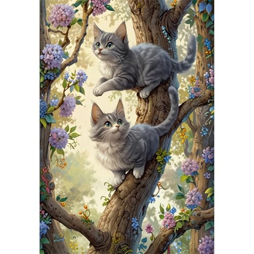 TWYYDP 1000 Teile Puzzle für Erwachsene,Graue Katze Im Baum,Holzpuzzle,Gemälde Zum Sammeln von TWYYDP