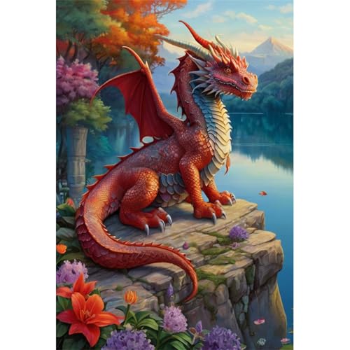 TWYYDP 1000 Teile Puzzle für Erwachsene,Roter Drache Am See,Holzpuzzle,Gemälde Zum Sammeln von TWYYDP