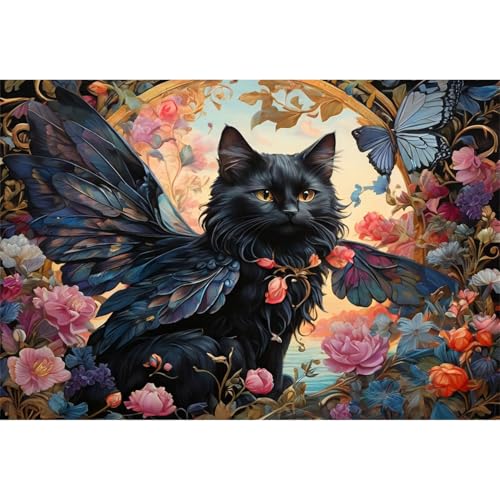 TWYYDP 1000 Teile Puzzle für Erwachsene,Schmetterlingsflügel der Schwarzen Katze,Holzpuzzle,Gemälde Zum Sammeln von TWYYDP