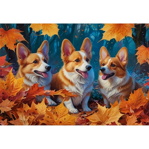 TWYYDP 1000 Teile Puzzle für Erwachsene und Kinder ab 14 Jahren,Gelb Gefallene Blätter und Corgi-Tier Puzzle,Lernspiele Aus Holzpuzzles von TWYYDP