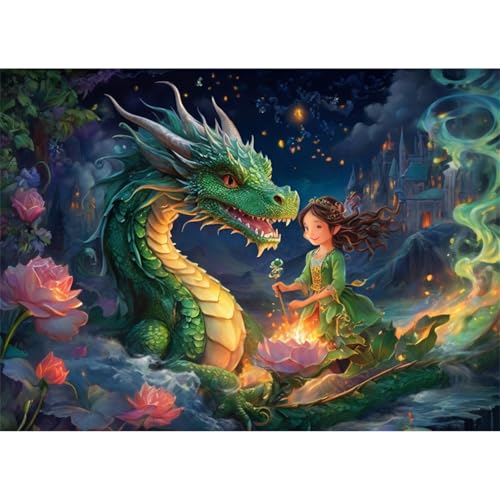 TWYYDP 1000 Teile Puzzle für Erwachsene und Kinder ab 14 Jahren,Grüner Drache und Mädchen Puzzle,Lernspiele Aus Holzpuzzles von TWYYDP