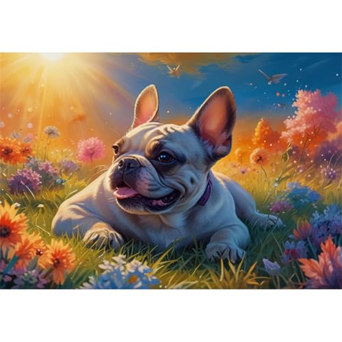 TWYYDP 1000 Teile Puzzle für Erwachsene und Kinder ab 14 Jahren,Landschaft Mit Sonne und Französischer Bulldogge Puzzle,Lernspiele Aus Holzpuzzles von TWYYDP