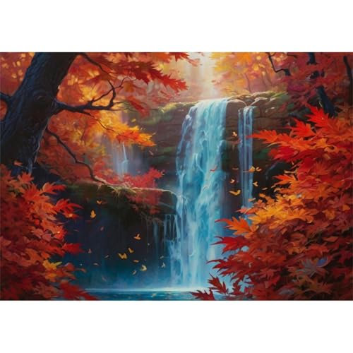 TWYYDP 1000 Teile Puzzle für Erwachsene und Kinder ab 14 Jahren,Wasserfall-Rote Ahornbaumlandschaft Puzzle,Lernspiele Aus Holzpuzzles von TWYYDP