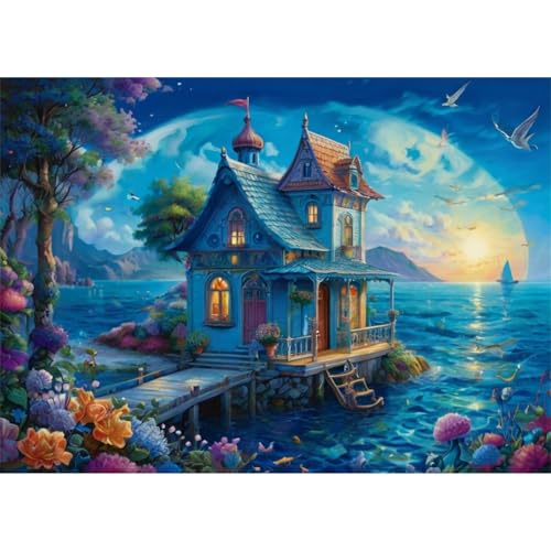 TWYYDP 1000 Teile Puzzle für Erwachsene und Kinder ab 14 Jahren Blaue Meereshauslandschaft Puzzle Holzpuzzles Als DIY-Wanddekoration für Zuhause von TWYYDP