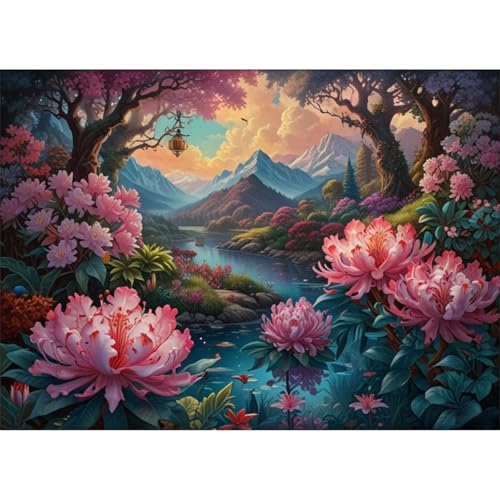 TWYYDP 1000 Teile Puzzle für Erwachsene und Kinder ab 14 Jahren Rhododendronlandschaft Am Fluss Am Fuße des Berges Puzzle Holzpuzzles Als DIY-Wanddekoration für Zuhause von TWYYDP