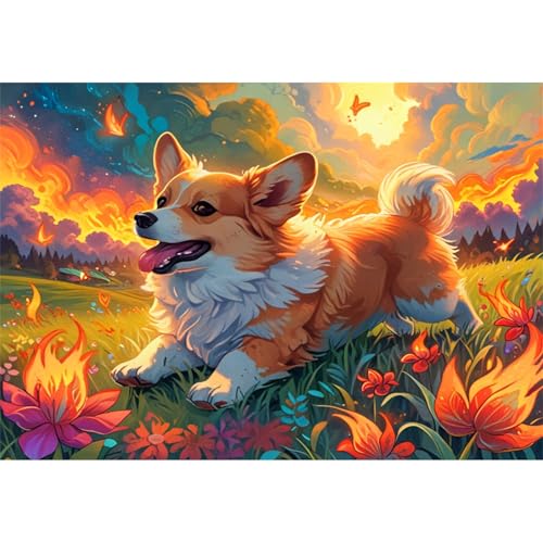 TWYYDP 1500 Teile Puzzle Blumen Wiese Corgi Sonnenuntergang Landschaft Puzzle Familienspiele Aus Holzpuzzles Als DIY-Geschenke von TWYYDP