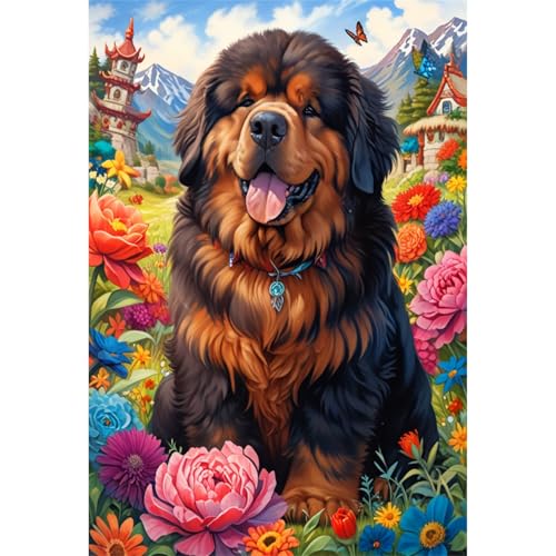 TWYYDP 520 Teile Puzzle für Erwachsene,Große Blumen und Tibetischer Mastiffhund,Holzpuzzle,Heimdekorationsmalerei von TWYYDP