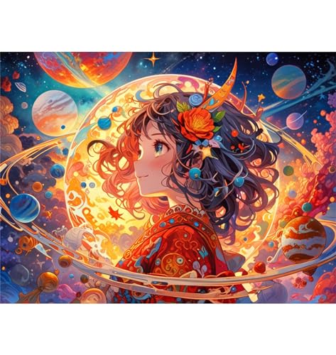 TWYYDP 520 Teile Puzzle für Erwachsene und Kinder ab 14 Jahren,Komisches Mädchen und Kosmische Planetenlandschaft Puzzle,Lernspiele aus Holzpuzzles von TWYYDP