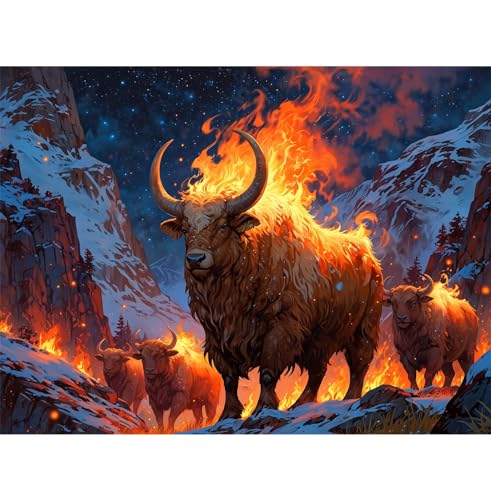 TWYYDP Puzzle 1000 Teile,Flammen-Yak-Dickhorntier Puzzle,Holzpuzzles für die ganze Familie von TWYYDP