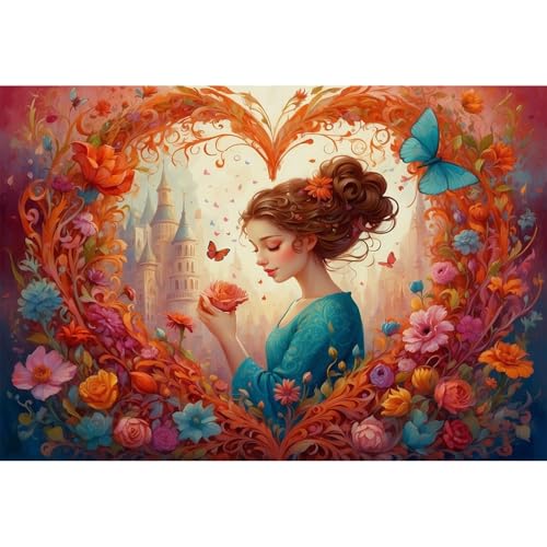 TWYYDP Puzzle 1000 Teile,Herzförmige Blumen Schmetterling Mädchen Landschaft Puzzle,Herausforderungsspiele aus Holzpuzzles von TWYYDP