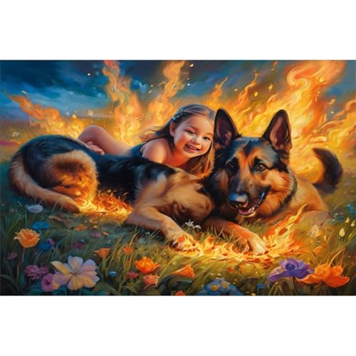 TWYYDP Puzzle 1000 Teile für Erwachsene,Holzpuzzle,Flammenblumen Deutscher Schäferhund und Kleines Mädchen von TWYYDP