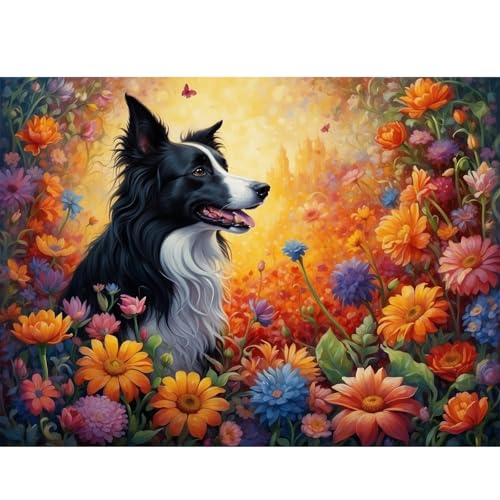 TWYYDP Puzzle 1000 Teile für Erwachsene,Holzpuzzle,Schwarzes Border-Collie-Tier Zwischen Blumen,Gemälde Zum Sammeln von TWYYDP