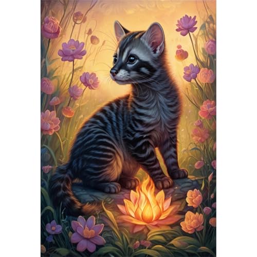 TWYYDP Puzzle 1000 Teile für Erwachsene Flammenblumen und Katze Holzpuzzle Gemälde Zum Sammeln von TWYYDP