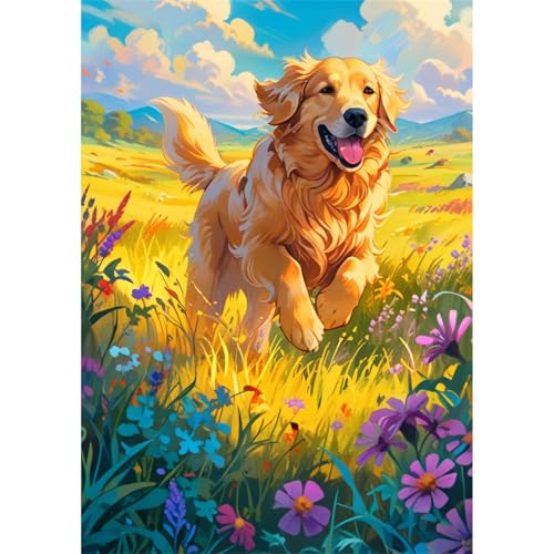 TWYYDP Puzzle 1000 Teile für Erwachsene Golden Retriever Läuft Auf Dem Gras Holzpuzzle Gemälde Zum Sammeln von TWYYDP