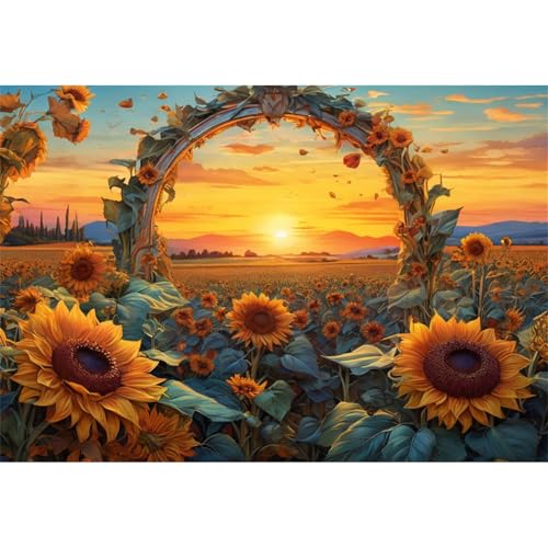 TWYYDP Puzzle 1000 Teile für Erwachsene Idyllische Landschaft Mit Sonnenblumen Bei Sonnenuntergang Holzpuzzle Gemälde Zum Sammeln von TWYYDP