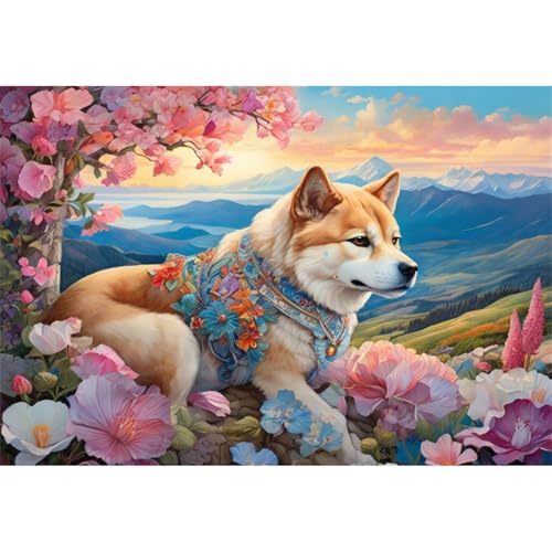 TWYYDP Puzzle 1000 Teile für Erwachsene Shiba Inu-Landschaft Inmitten Von Blumen Holzpuzzle Spiele Zum Stressabbau von TWYYDP