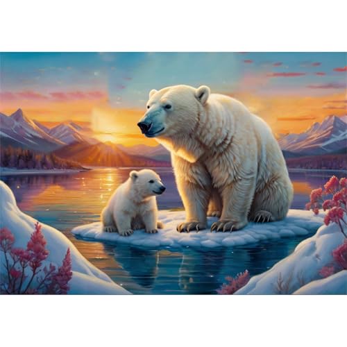 TWYYDP Puzzle 1000 Teile für Erwachsene Sonnenuntergangslandschaft Mit Eisbär und Jungem Holzpuzzle von TWYYDP