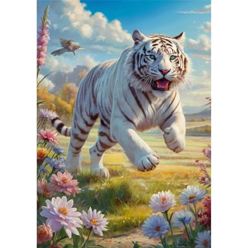 TWYYDP Puzzle 1000 Teile für Erwachsene Tiger Läuft Zwischen Wiesenblumen Holzpuzzle Gemälde Zum Sammeln von TWYYDP