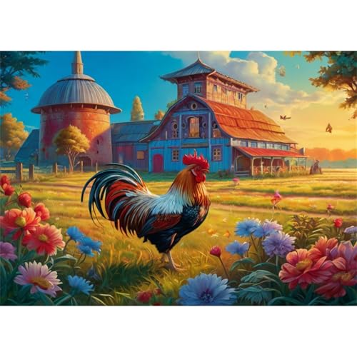 TWYYDP Puzzle 1500 Teile für Erwachsene Bauernhoflandschaft Mit Blumen und Hahn Holzpuzzle Gelegenheitsspiele von TWYYDP