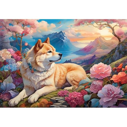 TWYYDP Puzzle 520 Teile für Erwachsene Blumen und Shiba Inu Holzpuzzle Heimdekorationsmalerei von TWYYDP