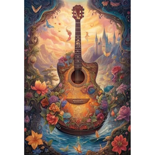 TWYYDP Puzzle 520 Teile für Erwachsene Gitarrenblumenlandschaft Holzpuzzle Heimdekorationsmalerei von TWYYDP