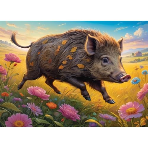 TWYYDP Puzzle 520 Teile für Erwachsene Wildschwein Läuft Auf Graslandlandschaft Holzpuzzle Lustige Spiele für Die Ganze Familie von TWYYDP