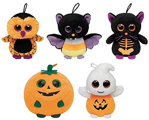 Ty Halloween Paket Beanie Boos Mini 8,5 cm 5tlg. - Fledermaus - Radar & Scaredy, Geist - Scary, Eule - Ozzie, Punkin - Kürbis von Buosha