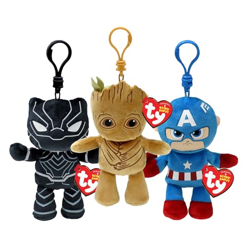 TY Clip Multipack - Blank Panther, Captain America, Groot | Soft Plush Toys for Kids | Teddy & Baby Collectible Stuffed Plushies | Bag Clips von TY