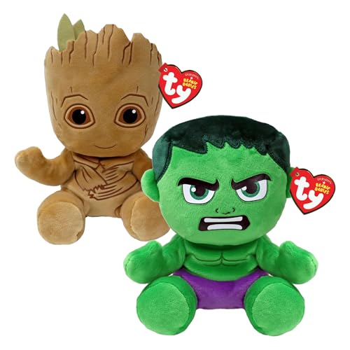 TY Marvel Multipacks Groot & Hulk Beanie Babies - Soft Plush Toys for Kids, Baby Toys, Collectible Stuffed Teddy, Plushies for Kids von TY