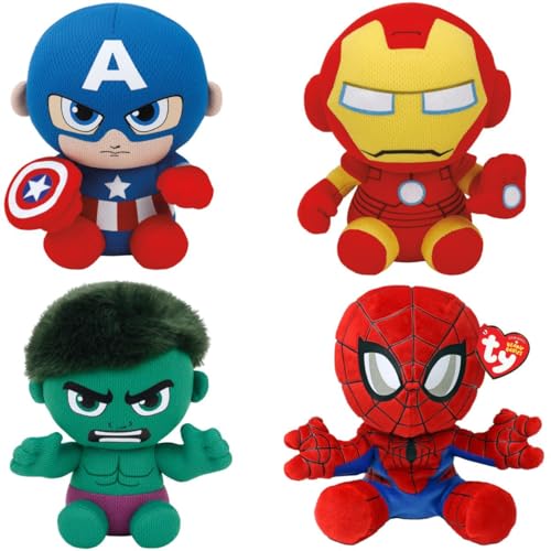 Ty Marvel Superhelden-Sortiment von 4 Superhelden, Spiderman, Iron Man, Hulk, Captain America, alle Ihre Lieblingshelden in weicher Version zum Sammeln, 20 cm von TY