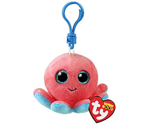 TY Schlüsselring, Beanie Boos Clips-Oktopus-Sheldon-Rot, Korallenaugen, blau, glitzernd, mit großen Augen, 12 cm, Mehrfarbig, T35255 von TY