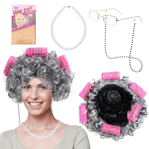 TYBYBB Old Lady Kostüm Set, Oma Kostüm Alte Frau Set, Großmutter Cosplay Zubehör Set, Oma Perücke Grau, Cosplay Zubehör, Alte Dame Cosplay Set für Karneval Halloween Damen Mädchen (Grau) von TYBYBB